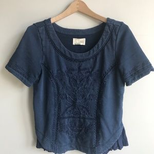 anthropologie embroidered navy tshirt